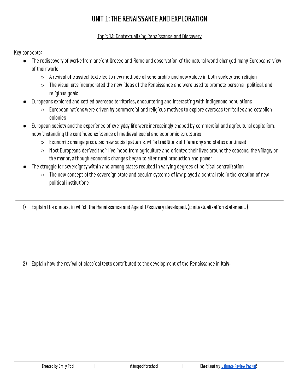 CED - Unit 1 & 2 Review: The Renaissance to the Age of Reformation ...