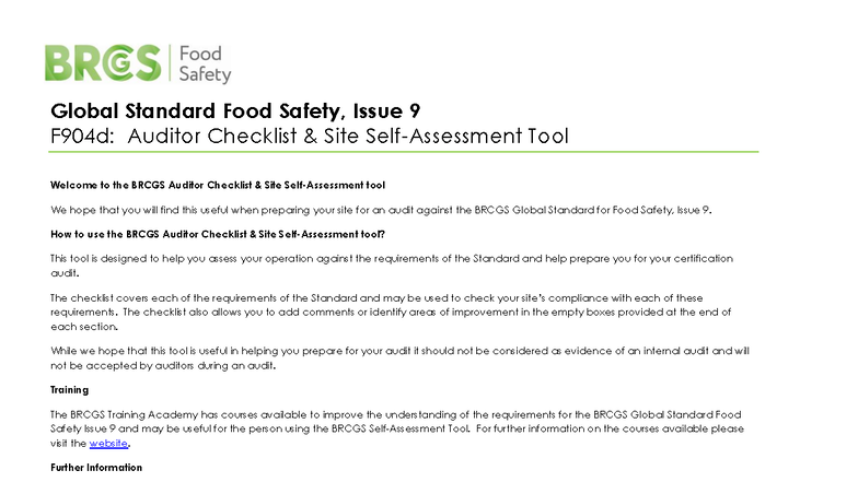 F904d: BRCGS Global Standard Food Safety Auditor Checklist Tool ...