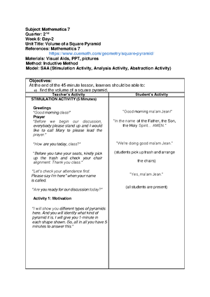 W6-D3 - Lesson plan for grade 7 mathematics - Subject: Mathematics 7 ...