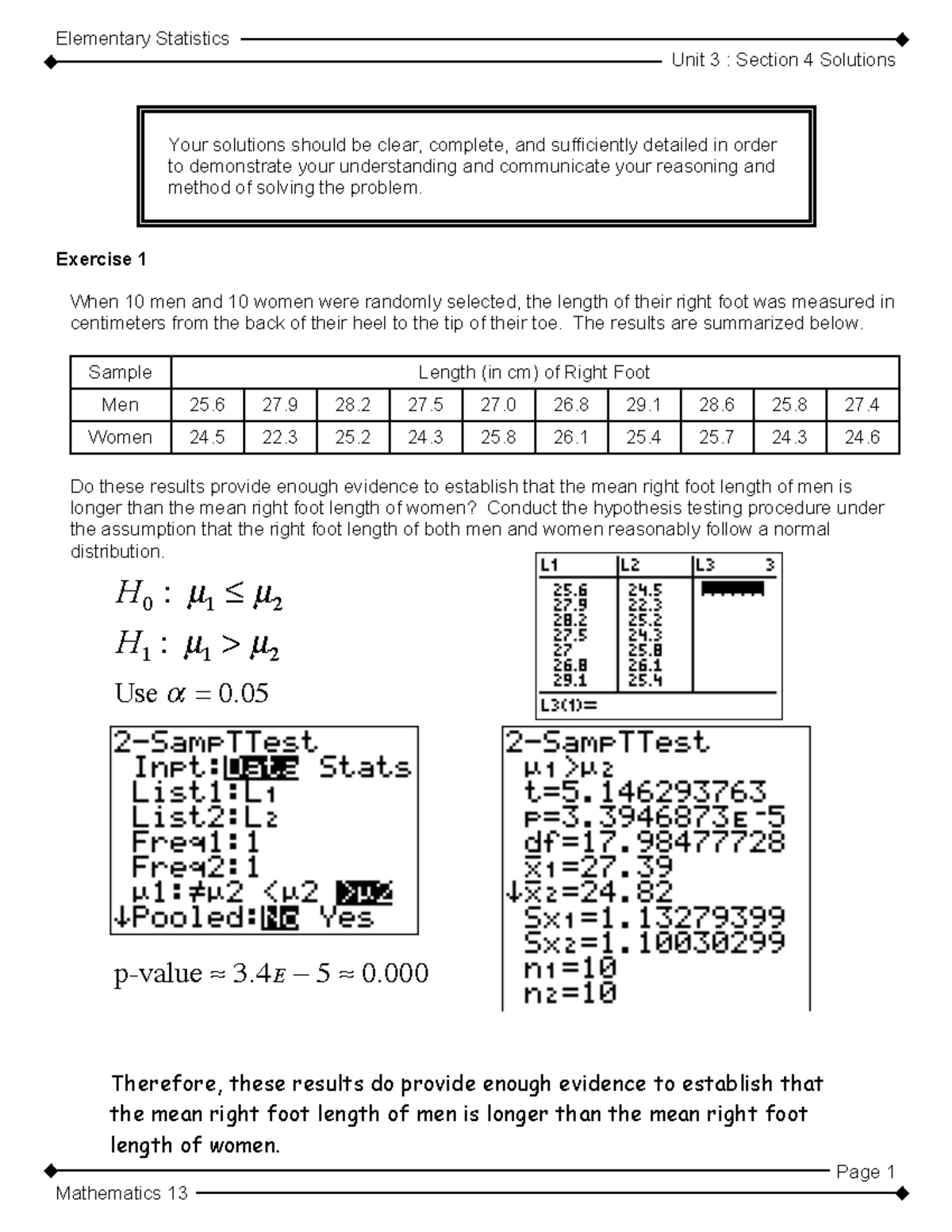 Elementary Statistics MATH 13: Unit 3 Section 4 Solutions and Analysis ...