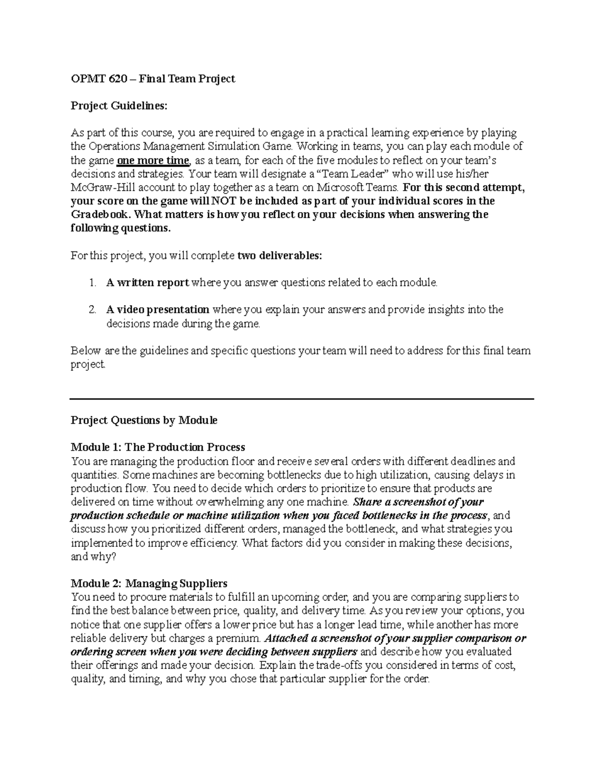 OPMT 620 - Final Team Project Instructions and Guidelines - Studocu