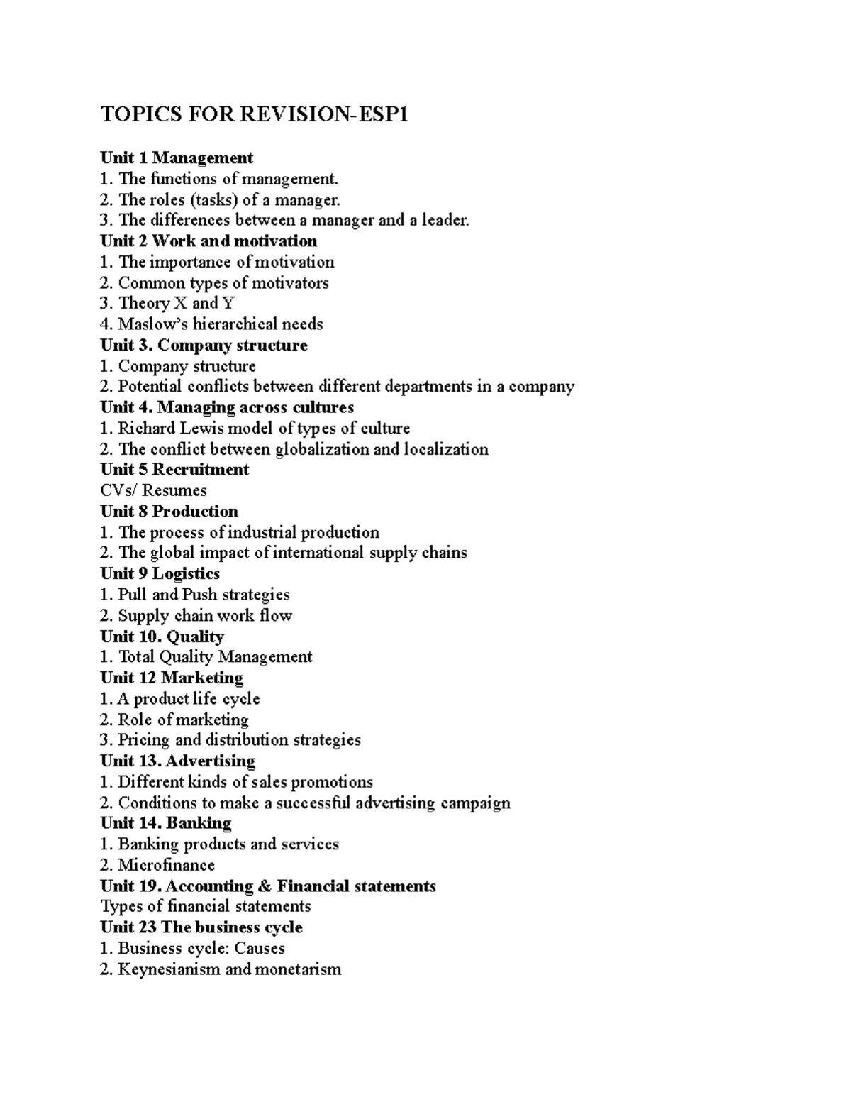 Revision Topics for ESP Course: Key Management & Business Concepts ...