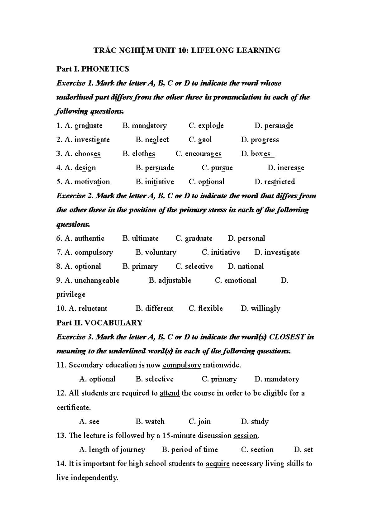 Trắc Nghiệm Tiếng Anh 12: Unit 10 - Lifelong Learning Exercises - Studocu