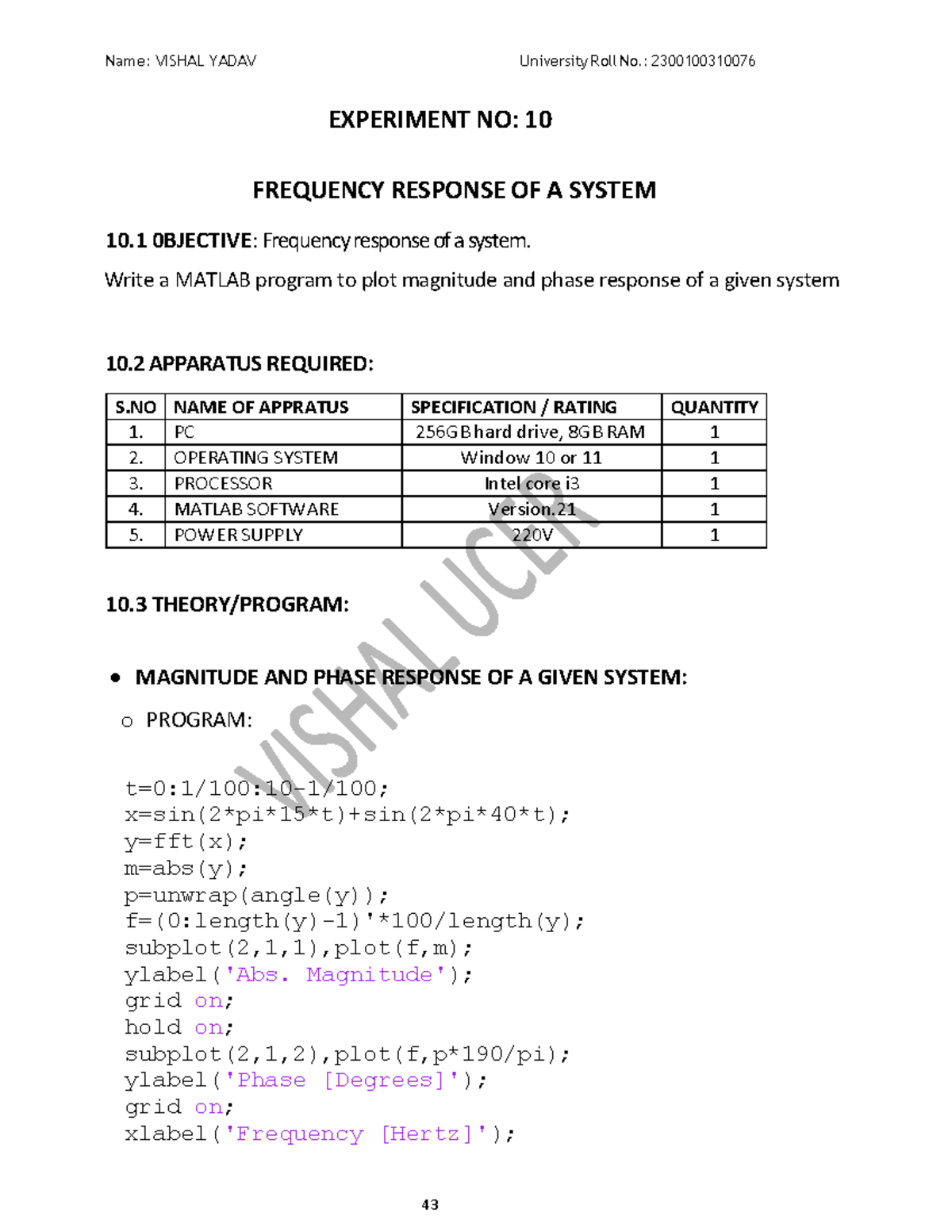 SS EXP 10: Frequency Response of a System - MATLAB Program Notes - Studocu