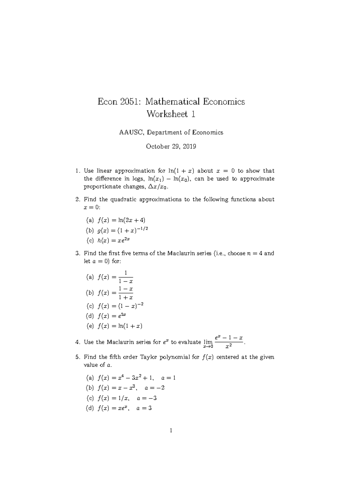 Exercise-1 - …….. - Econ 2051: Mathematical Economics Worksheet 1 AAUSC ...