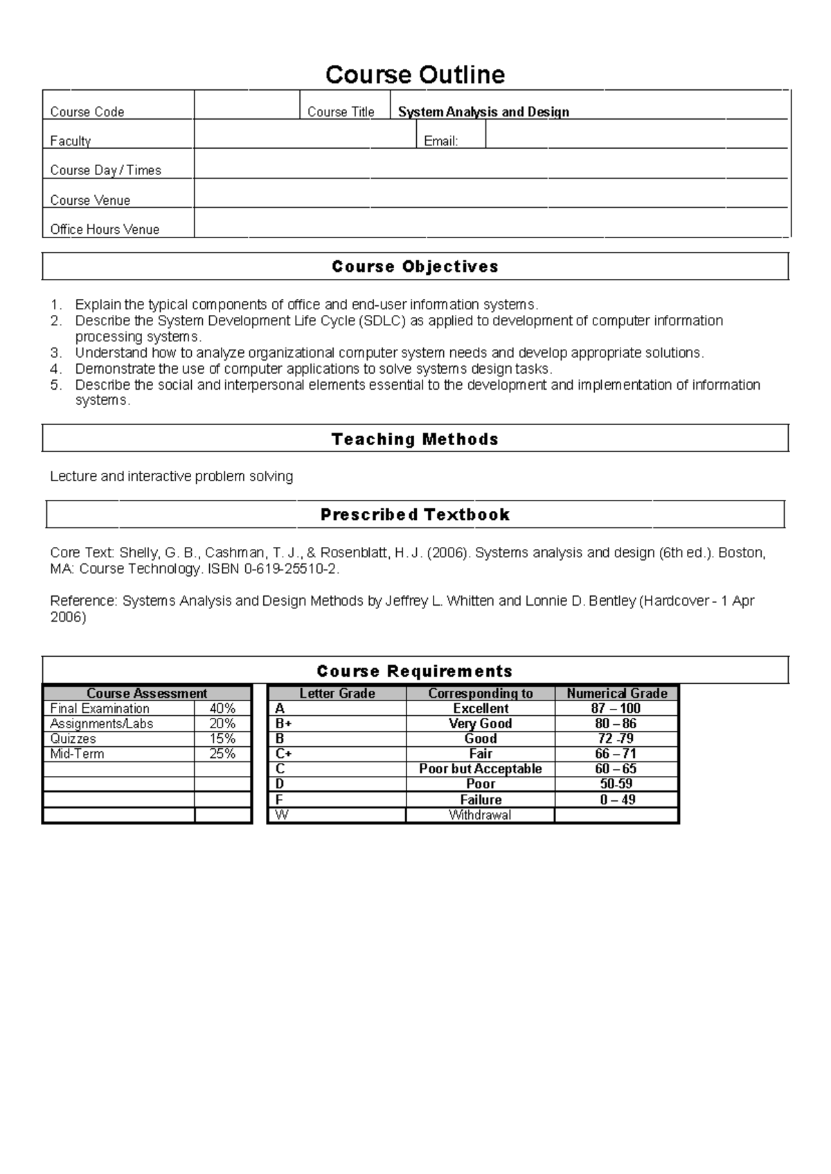 System Analysis and Design outline - Course Outline Course Code Course ...