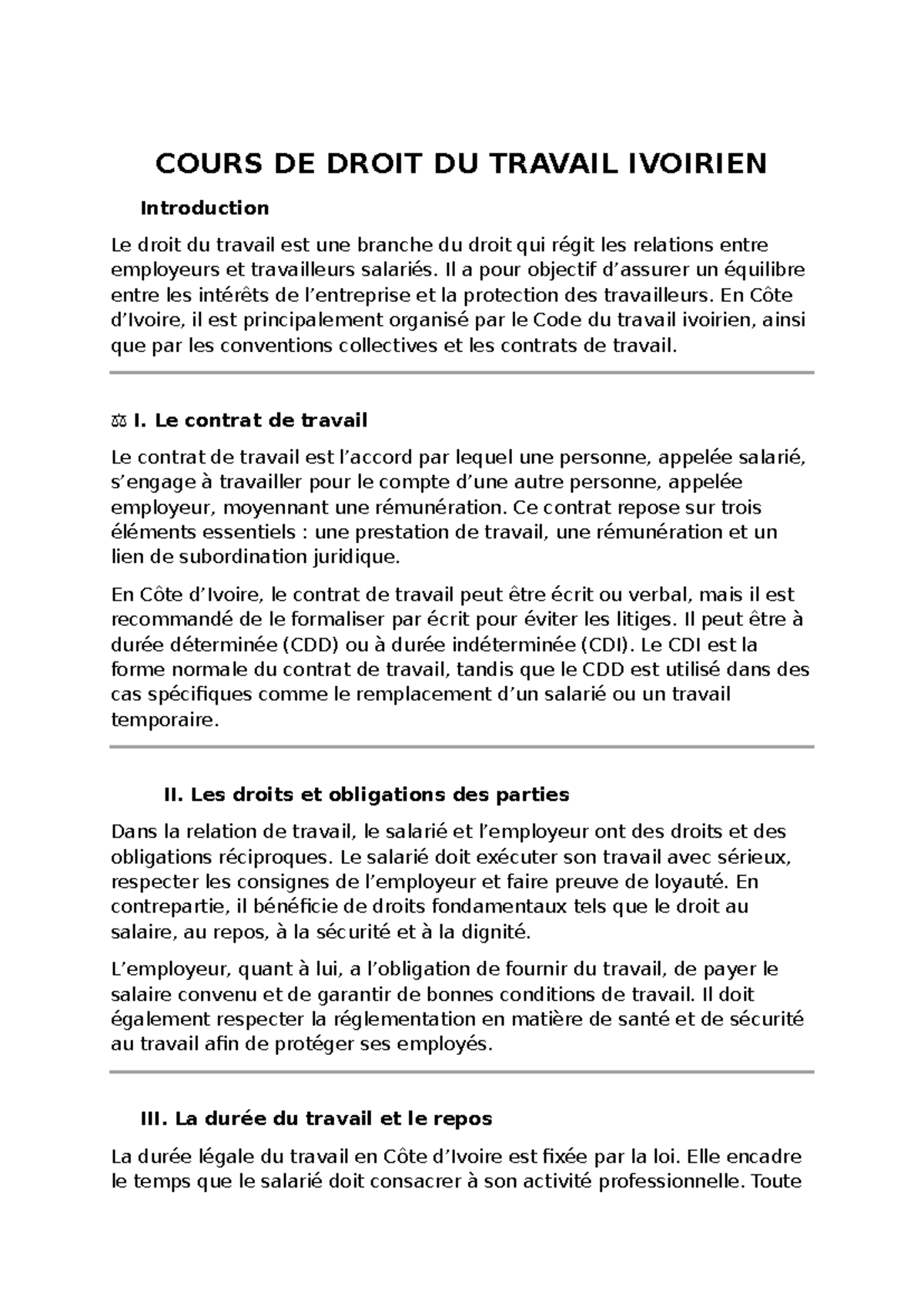 Cours de Droit du Travail Ivoirien : Concepts et Régulations - Studocu