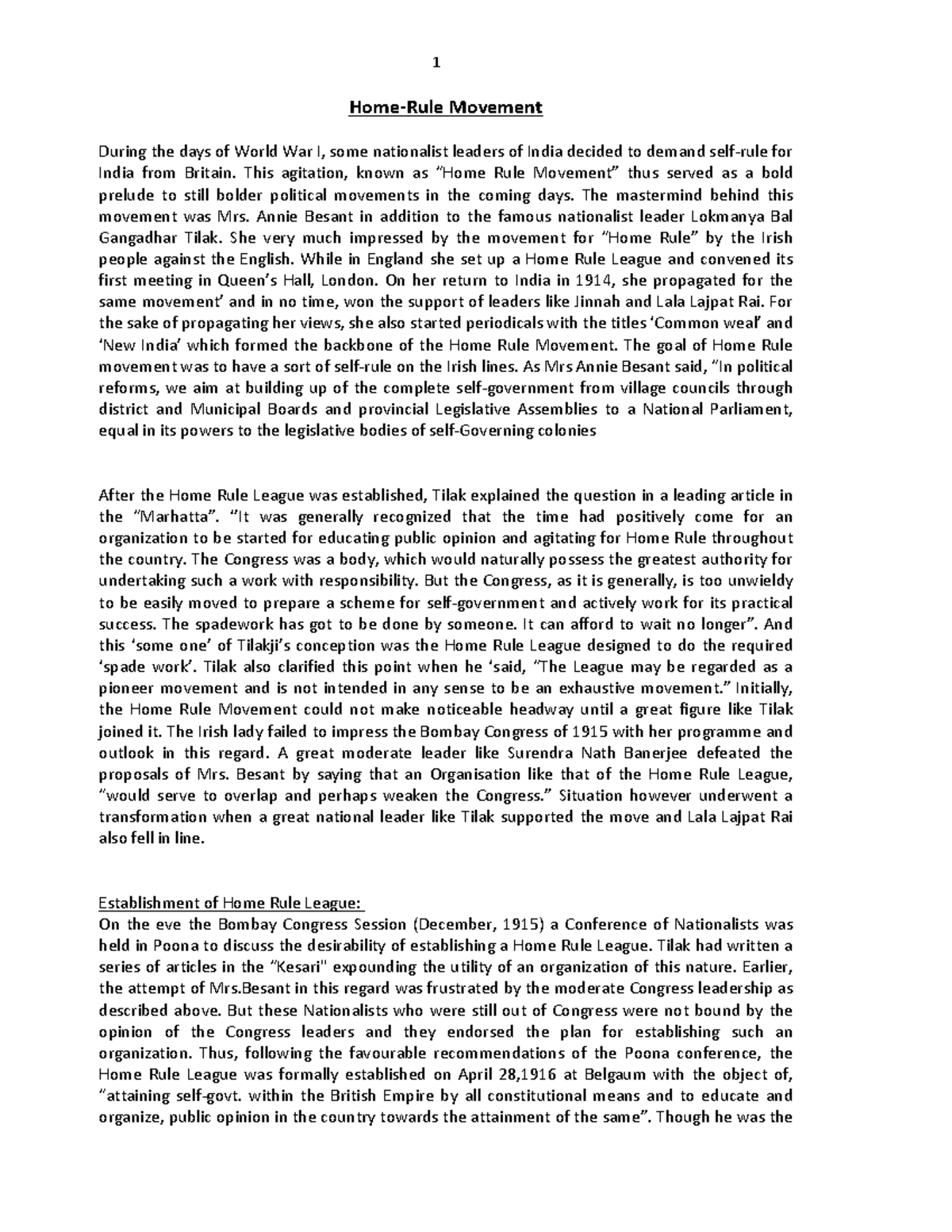Home Rule Movement in India: Key Figures and Events - Studocu