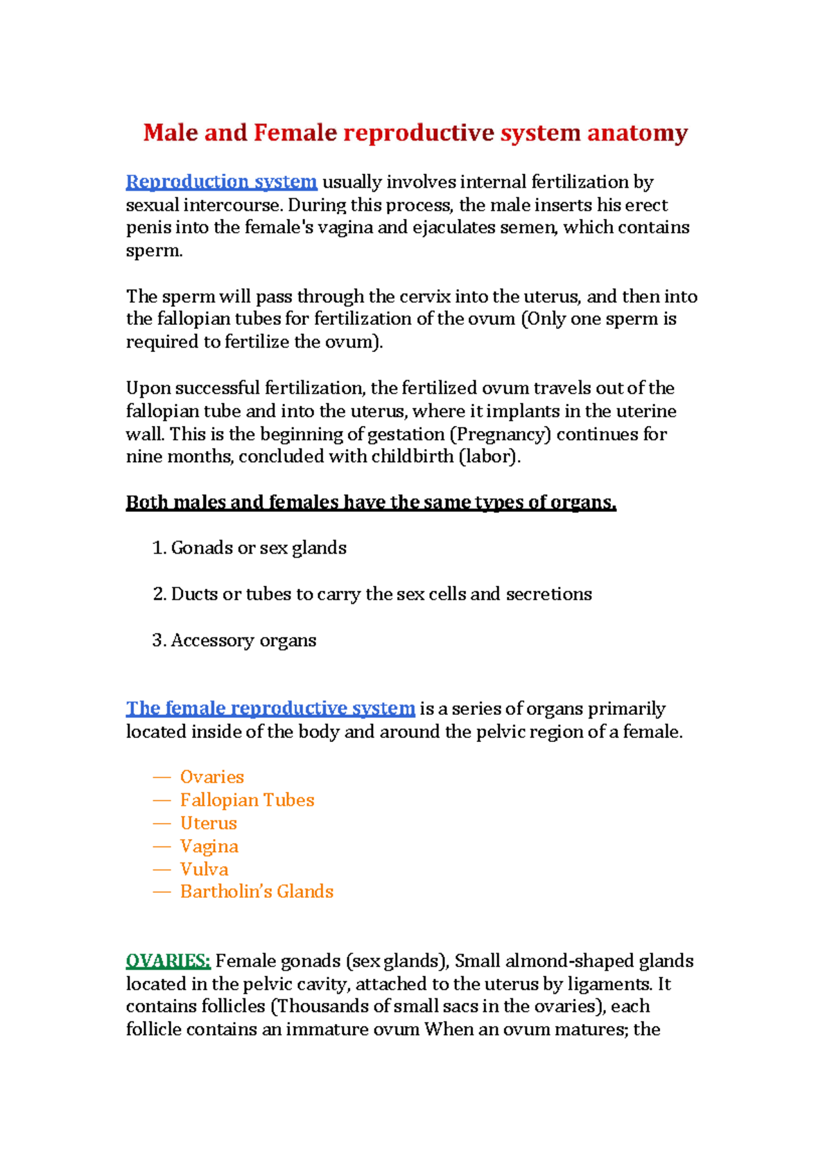 Male and Female reproductive system anatomy only - Reproduction system ...