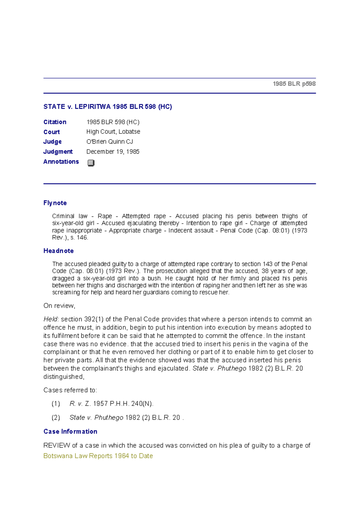State v. Lepiritwa: Review of Indecent Assault Conviction (1985 BLR ...