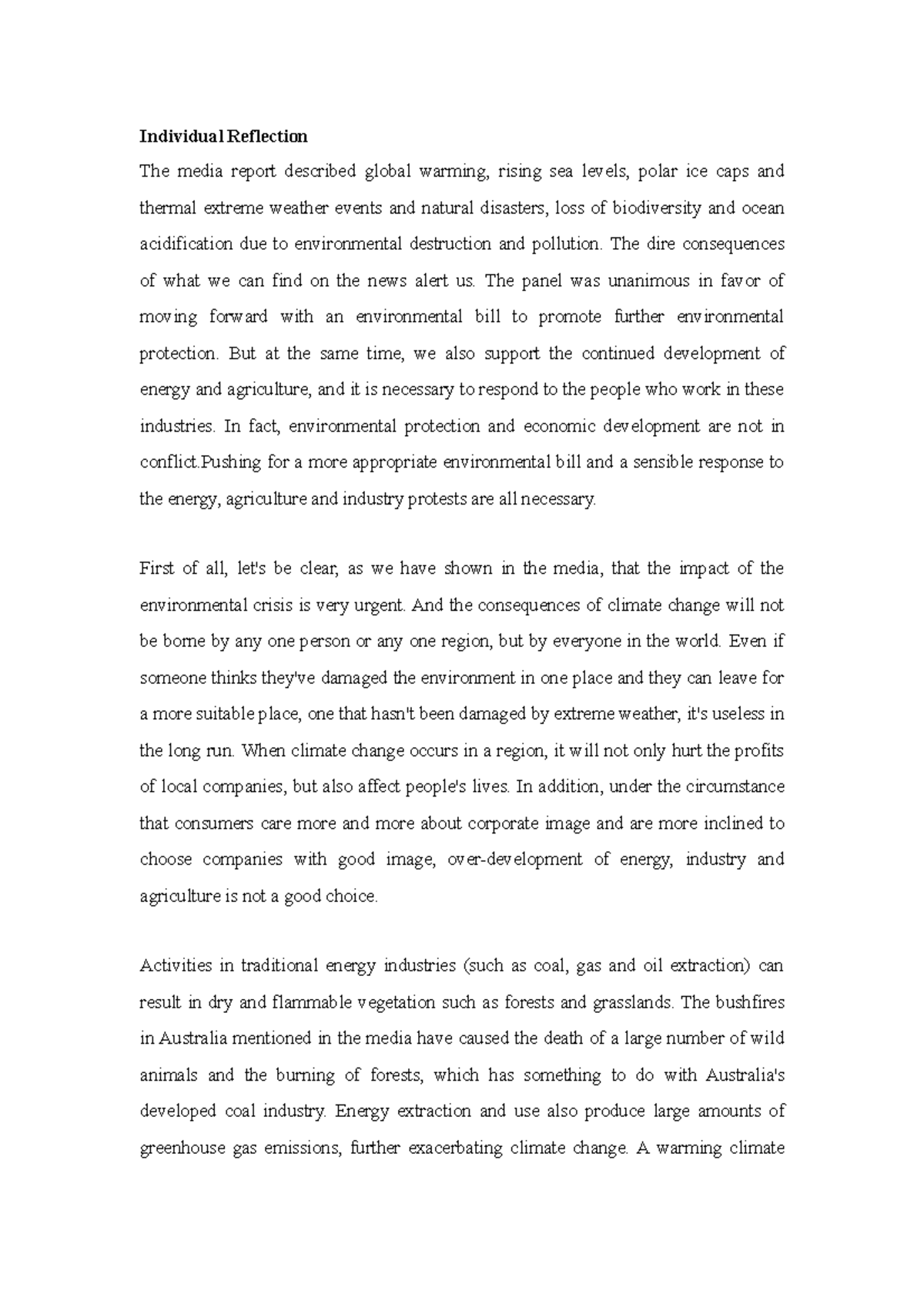 BSNS111 Individual Reflection on Environmental Protection and ...