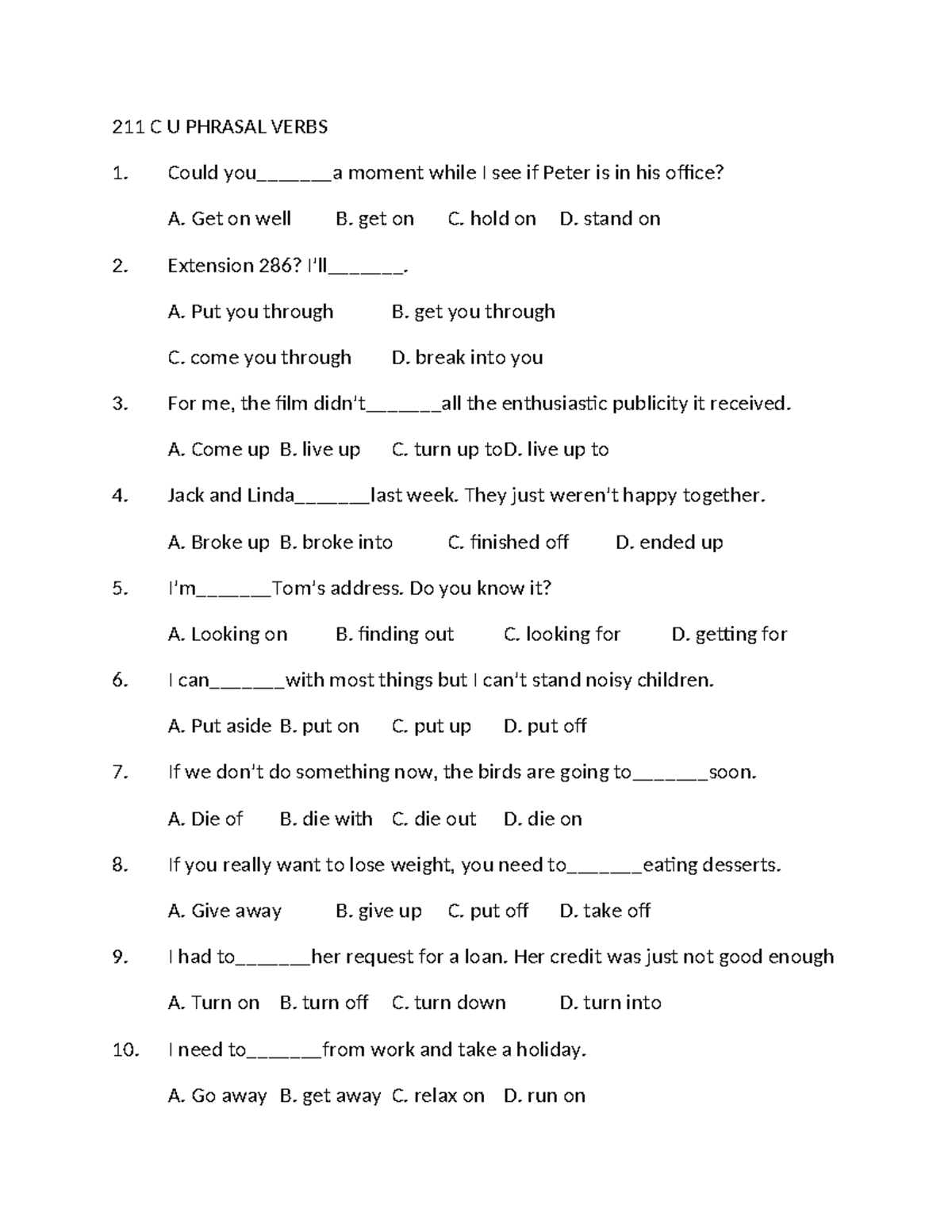 211 C PHRASAL VERBS - Study Guide and Practice Exercises - Studocu