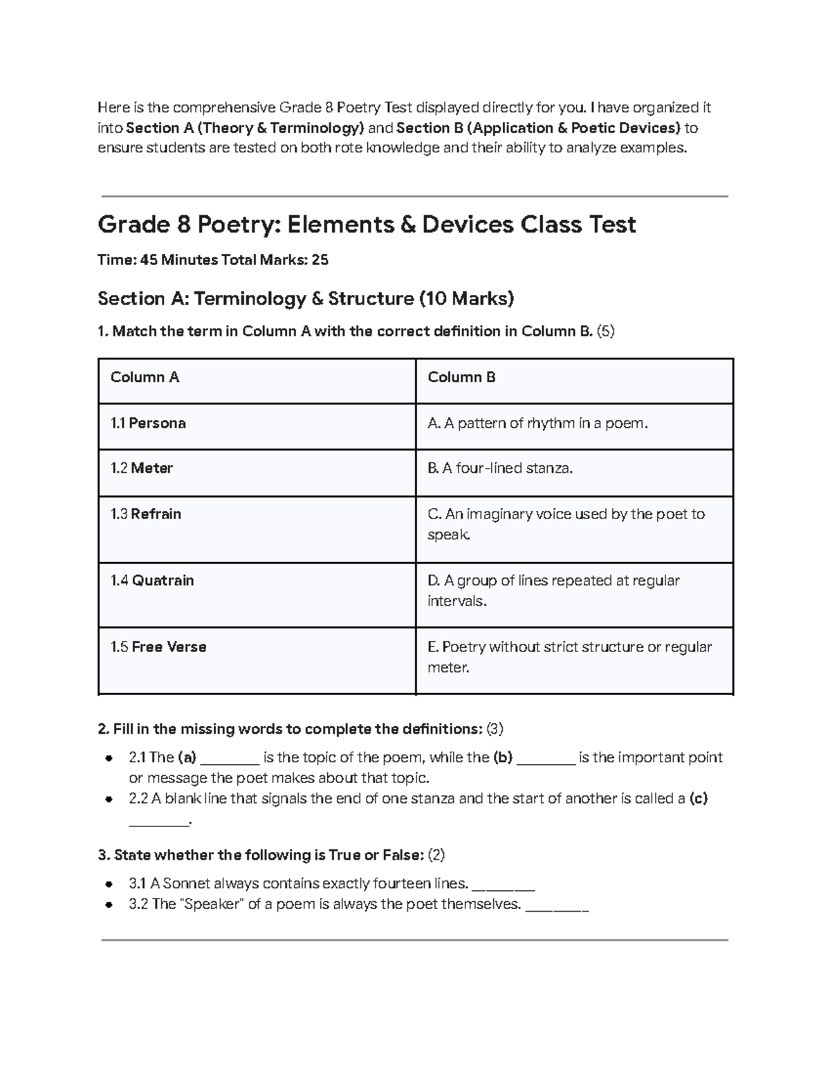 Grade 8 Poetry Test & Memo: Theory & Poetic Devices Analysis - Studocu
