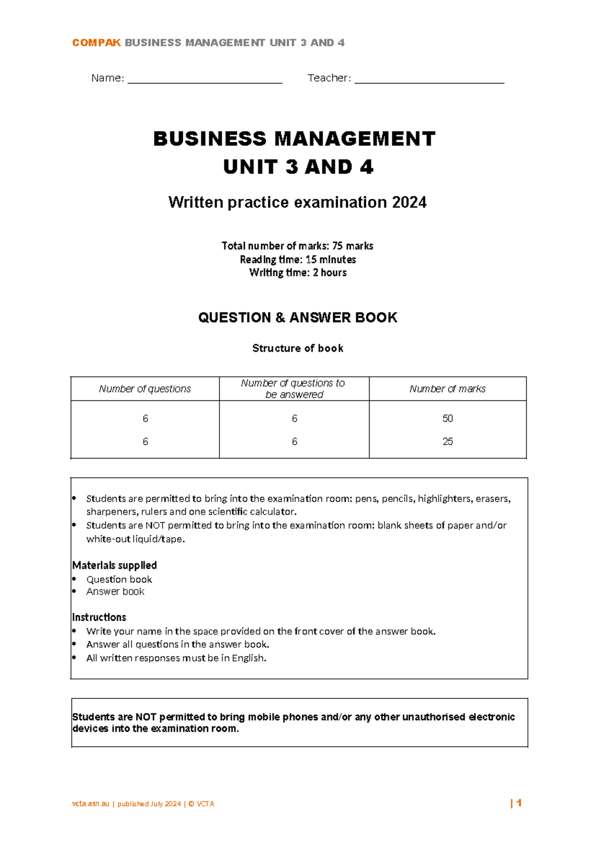 COMPAK BUSINESS MANAGEMENT UNIT 3 & 4 FINAL EXAM SUGGESTED ANSWERS 2024 ...