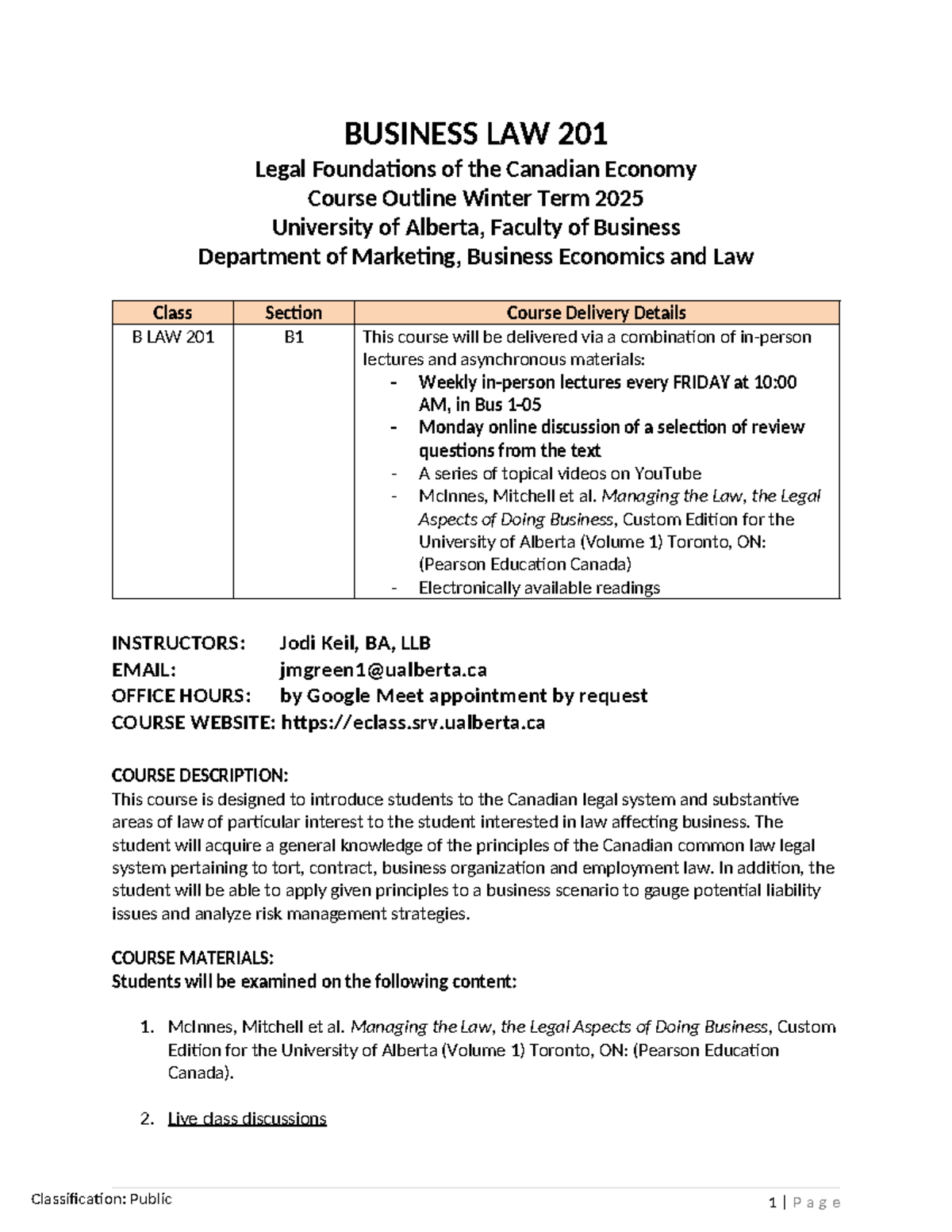 BUSINESS LAW 201 B1 Syllabus Winter Term 2025 - Final Exam Details ...
