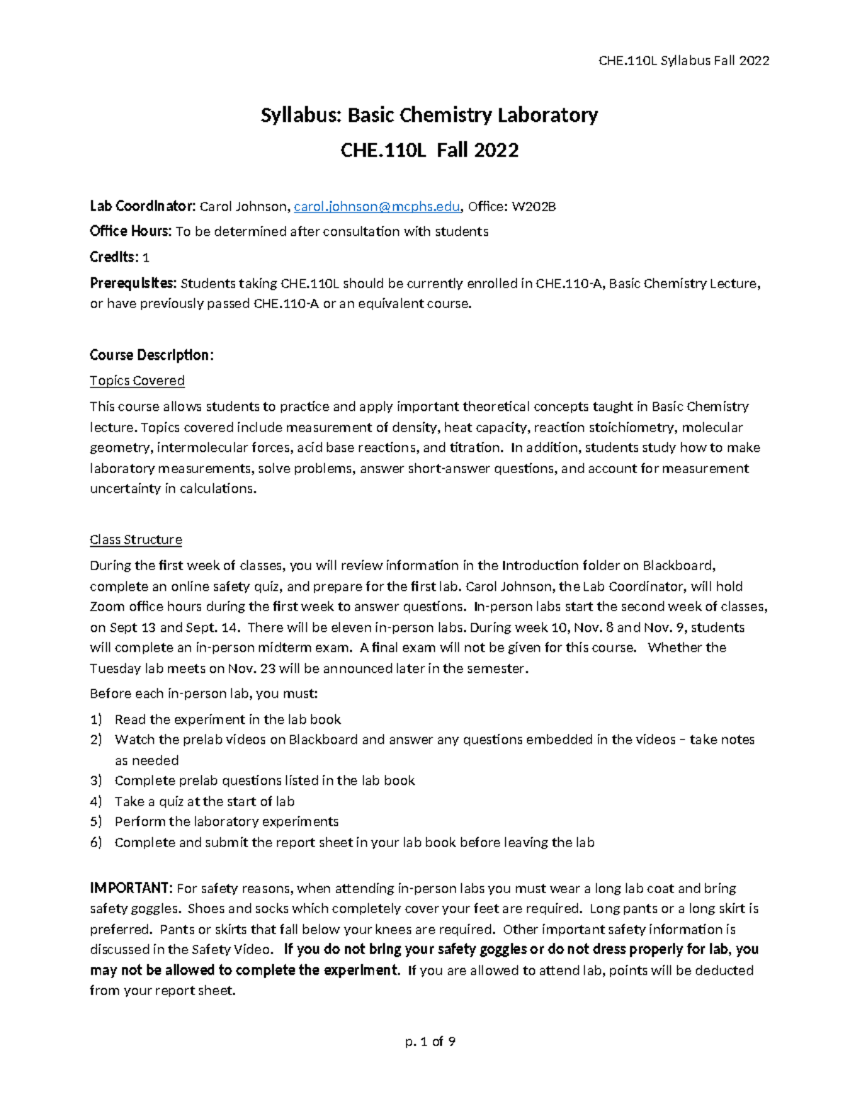 CHE110L Fall 2022 Syllabus for Basic Chemistry Lab by Carol Johnson ...