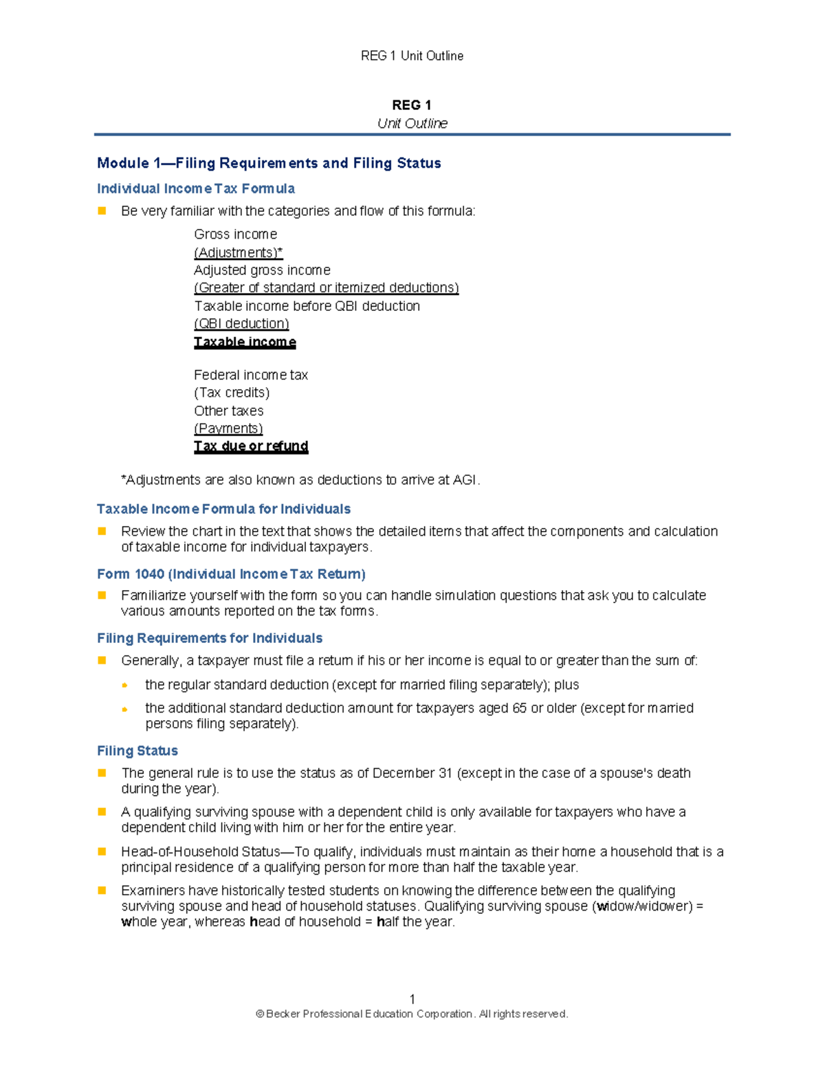 REG 1 Unit Outline: Filing Requirements & Taxable Income Overview - Studocu