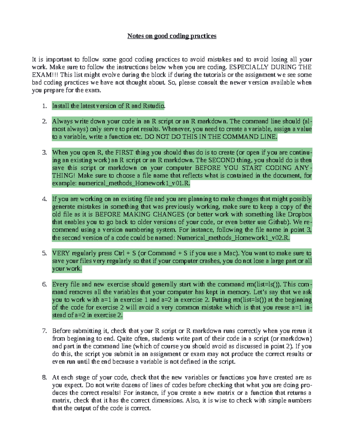 Final Exam Notes on Good Coding Practices for R (Course Code: R101 ...