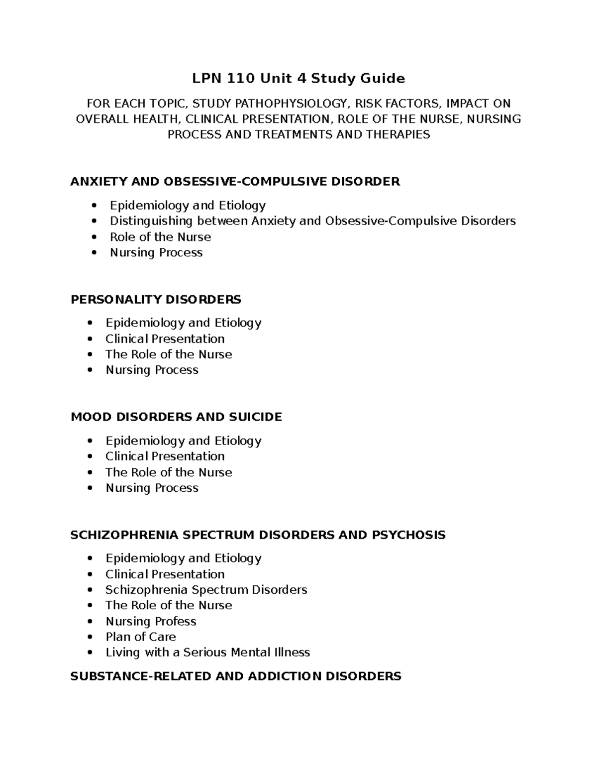 LPN 110 Unit 4 Study Guide: Mental Health Disorders Overview - Studocu