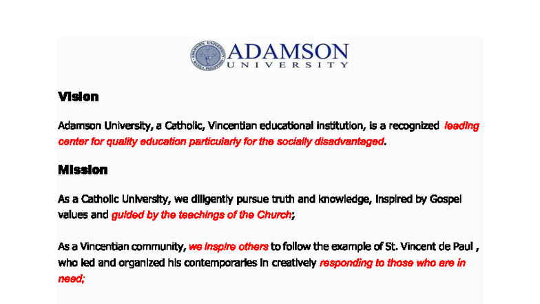 AdU Vision & Mission: Core Values and Historical Overview - Studocu