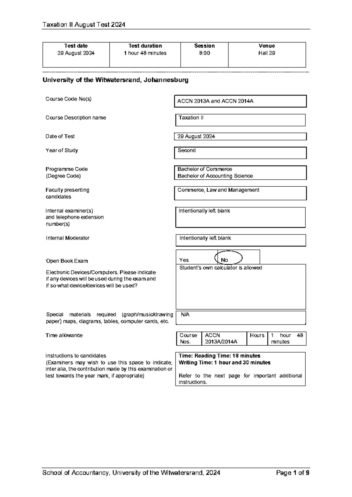 Taxation II ACCN 2013A & ACCN 2014A August Test 2024 Details - Studocu