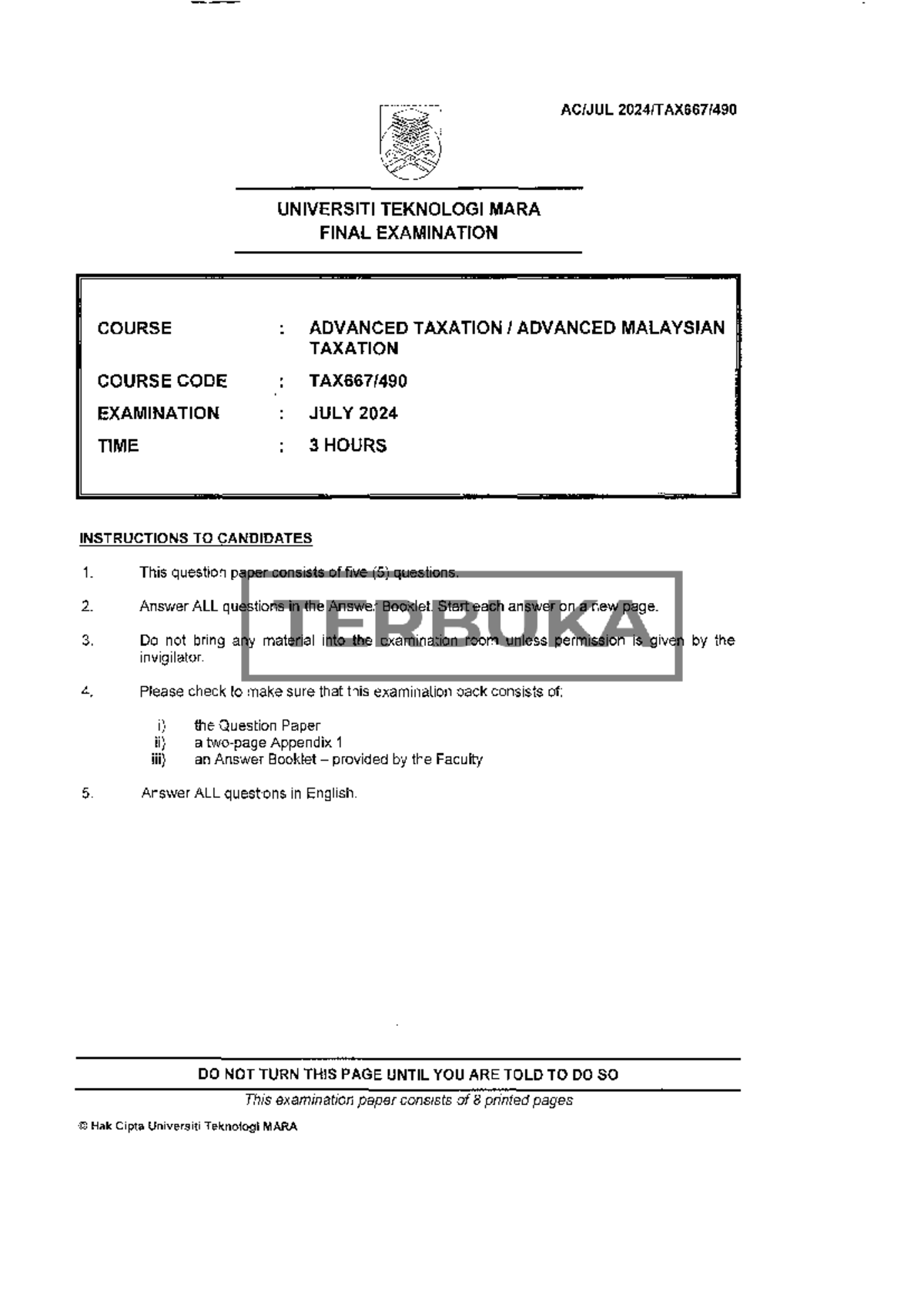 TAX667 JULY 2024 ADVANCED TAXATION FINAL EXAM QUESTIONS - Studocu
