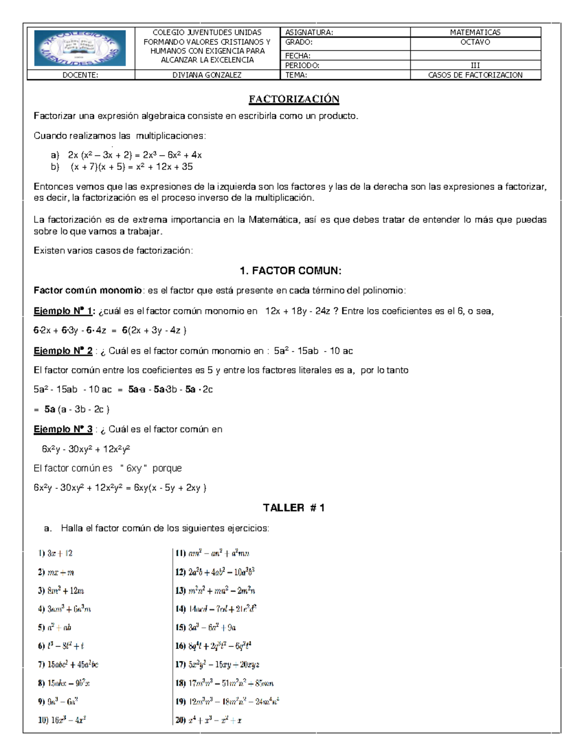 Ejercicios de Factorización por Casos para Grado Octavo - TEMA: Matemáticas - Document Preview