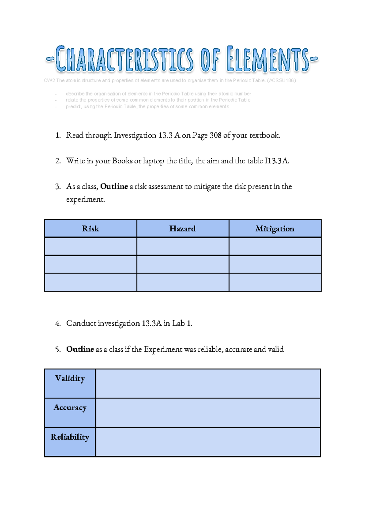 CW2 Year 9 Chemical Properties: Organizing Elements in the Periodic ...