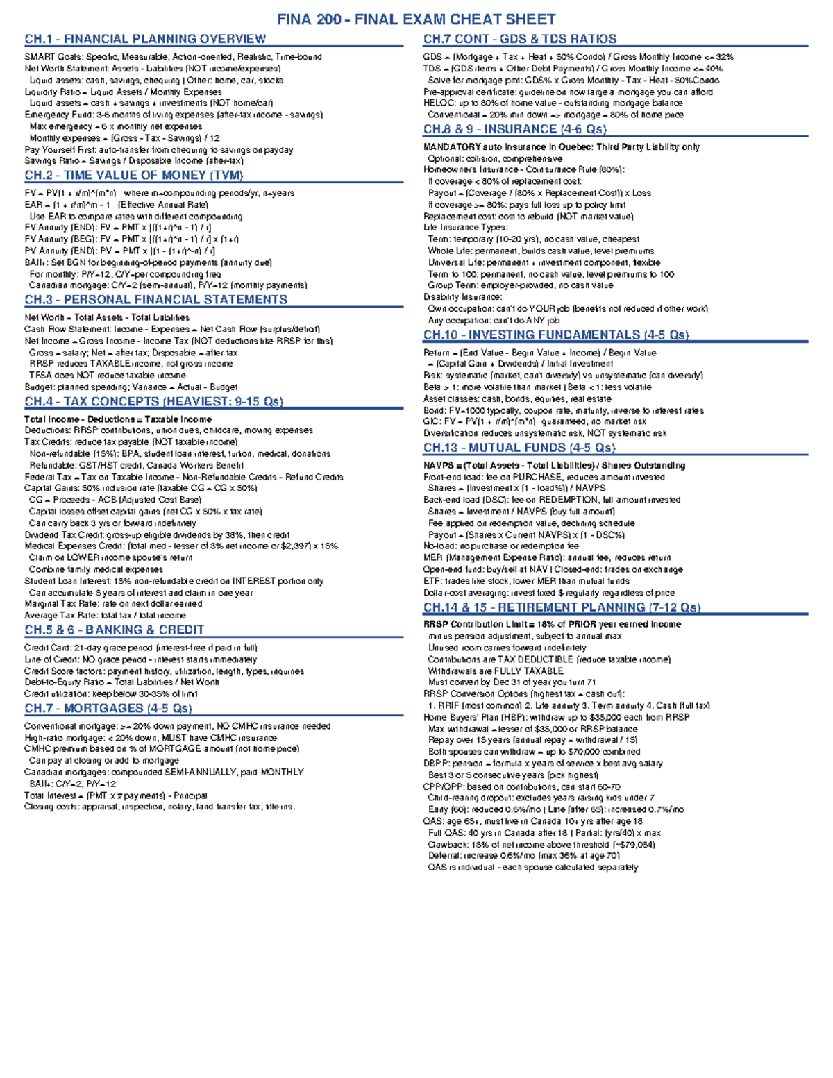 FINA 200 FINAL EXAM CHEAT SHEET: KEY CONCEPTS & FORMULAS - Studocu