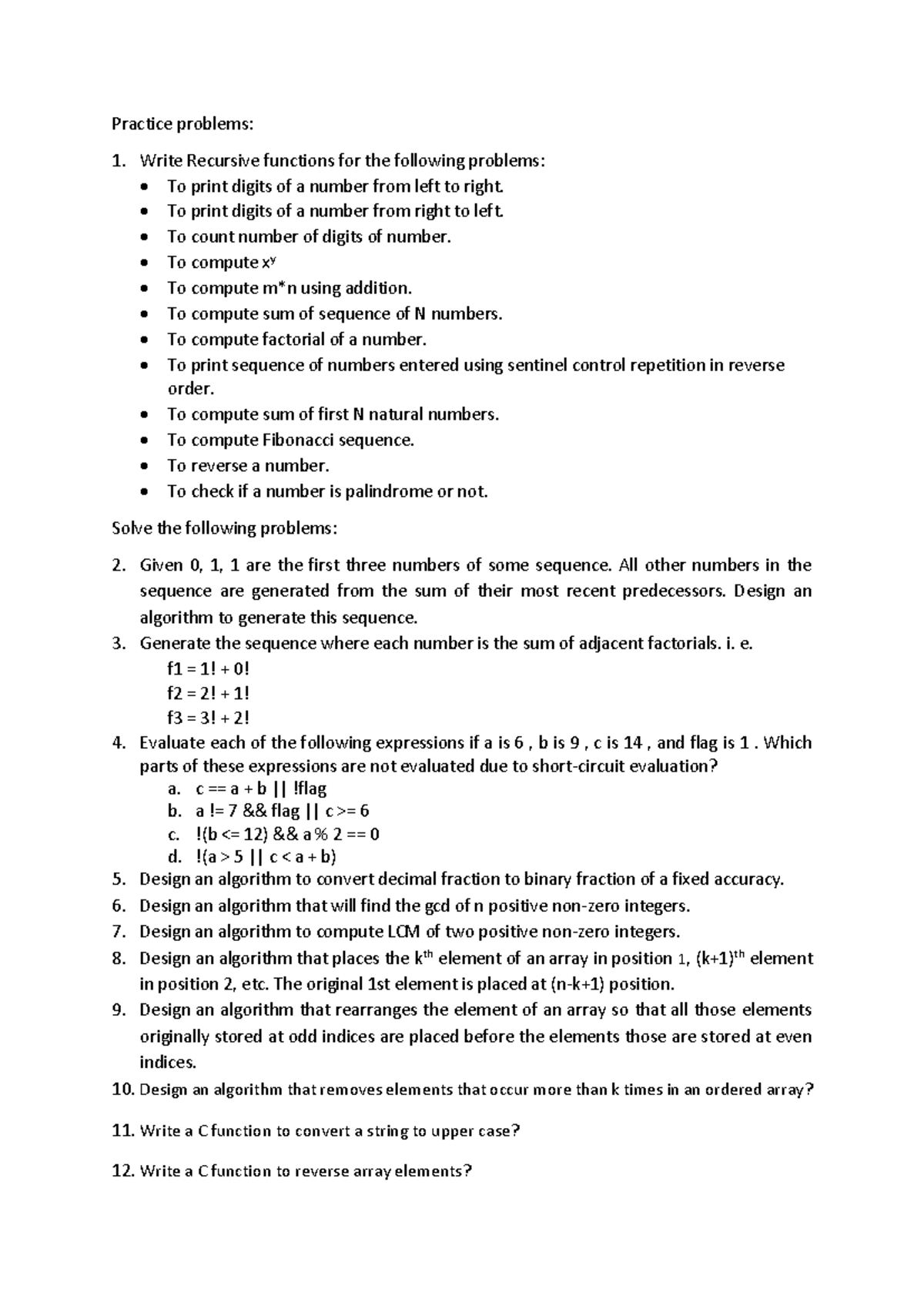CS101: Recursive Functions and Algorithm Practice Problems - Studocu