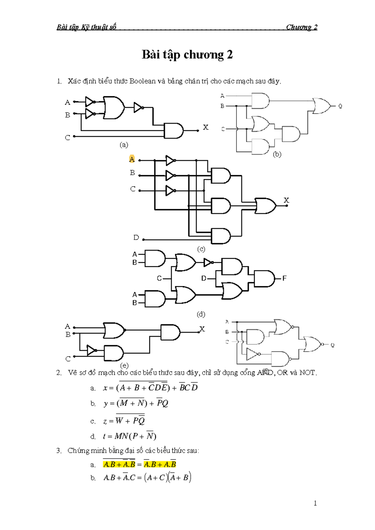 Bài tập Kỹ thuật số Chương 2 - Biểu thức Boolean và Mạch Logic - Studocu