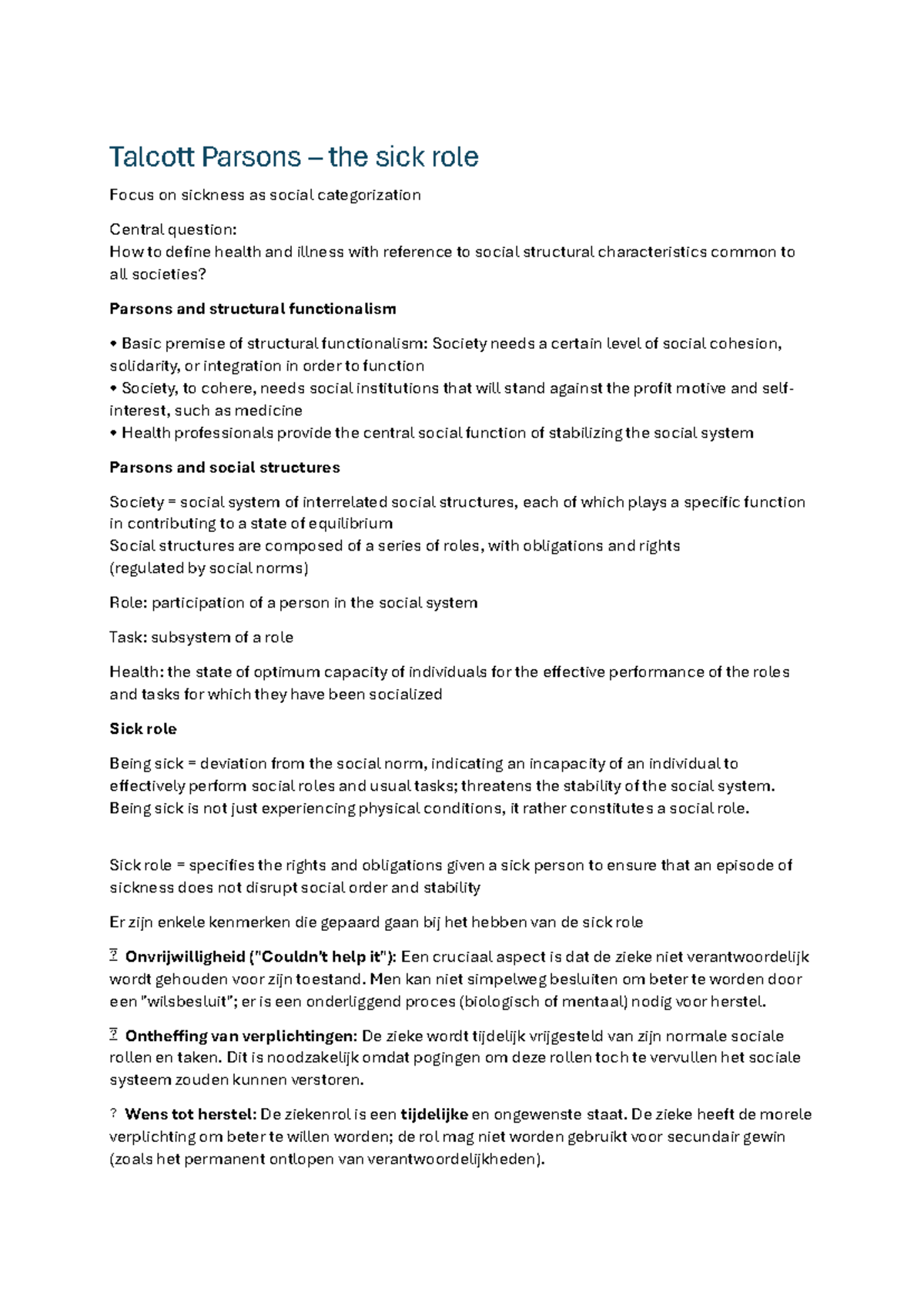 Talcott Parsons - Verduidelijking van het Sick Role Model (Sociologie ...
