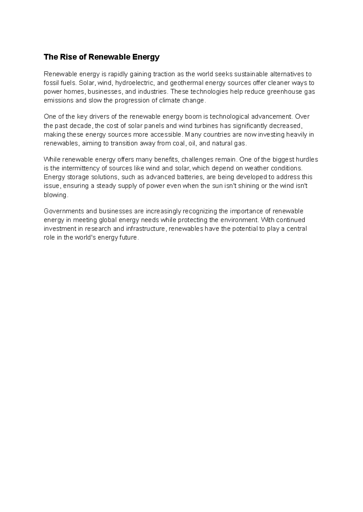 Essay 4: The Rise of Renewable Energy and Its Future Potential - Studocu