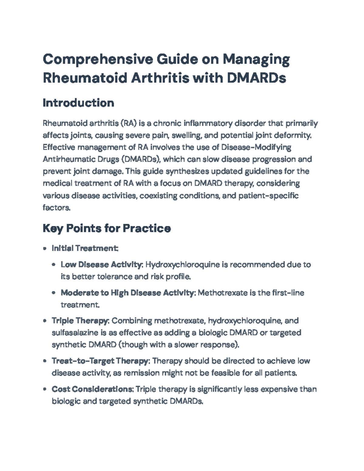 DMARDs Management Guidelines for RA: A Comprehensive Overview - Studocu