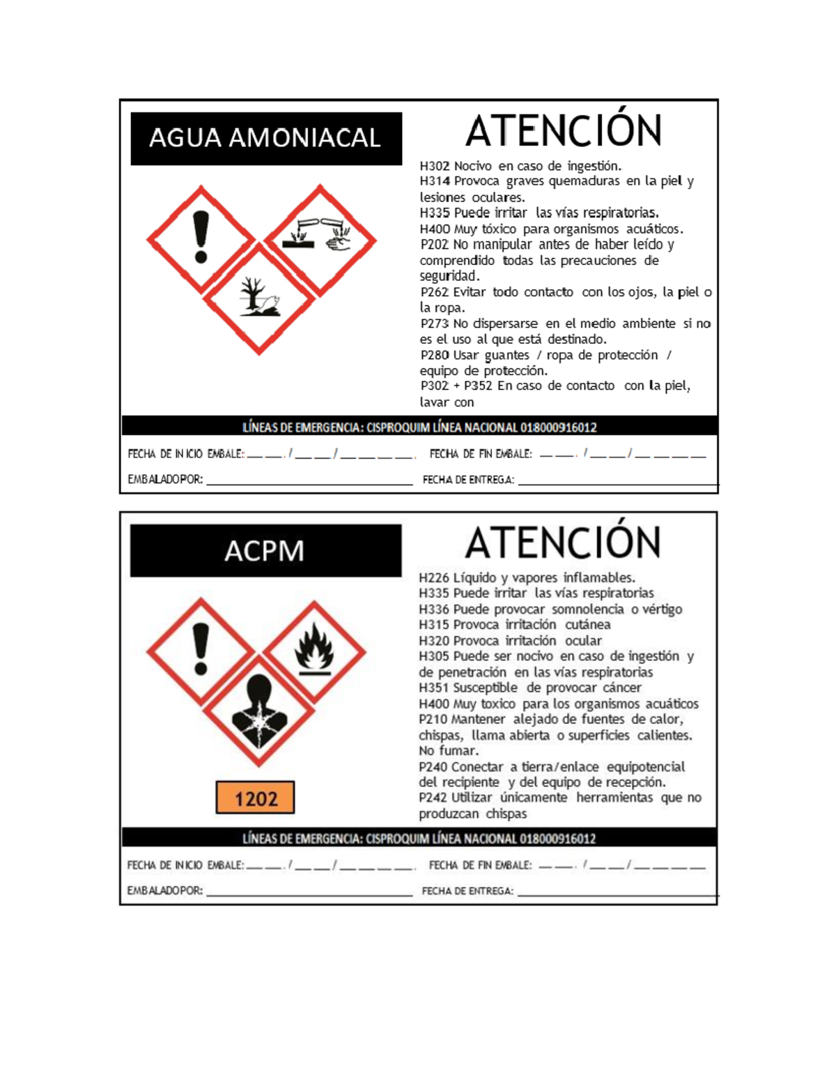 Rotulos amoniaco y acpm - AGUA AMONIACAL ATENCIÓN H302 Nocivo en caso ...