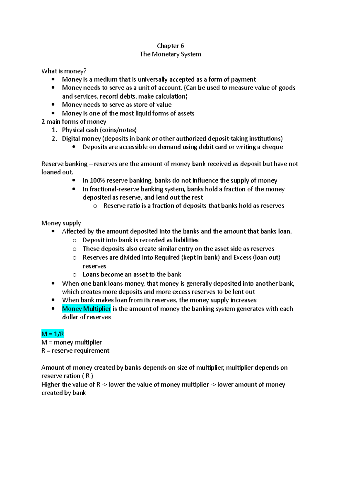 Chapter 6 - Monetary System and Central Bank Operations Notes - Studocu