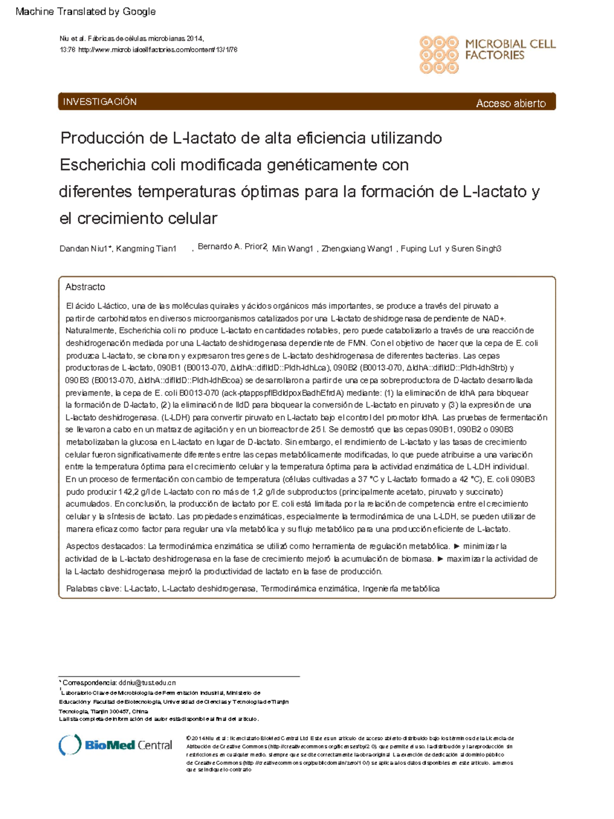 E. coli highly Español - Notas - 1 Abstracto Dandan Niu1*, Kangming ...