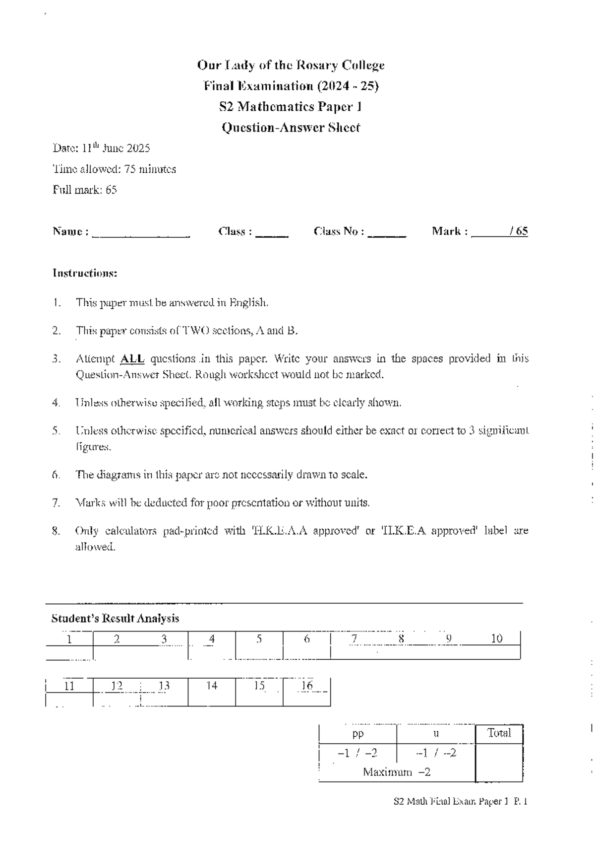 S2 Mathematics Final Exam Paper 1 Answers (2024-25) - Studocu