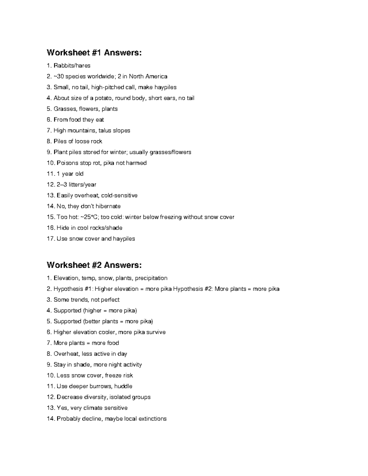 Pika Plight: Worksheet Answers on Species Adaptations and Climate ...