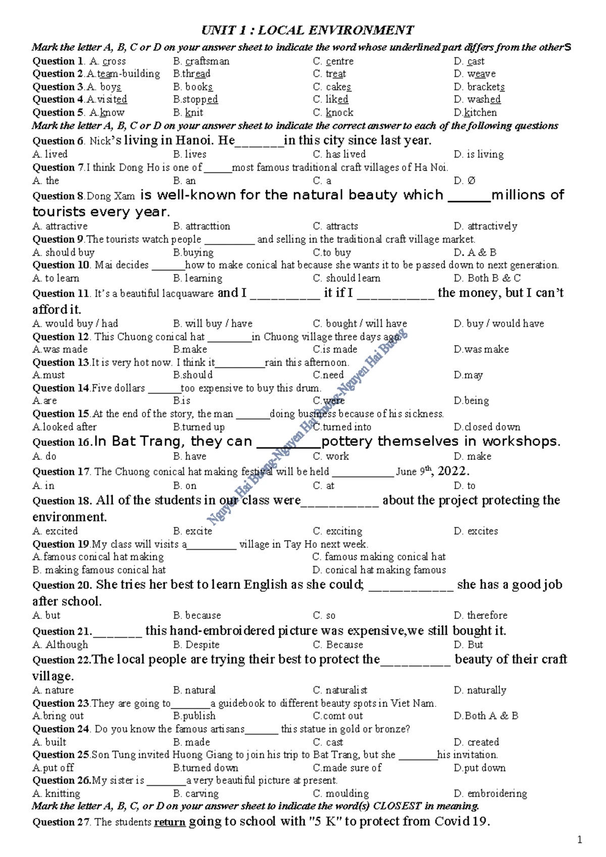 UNIT 1: LOCAL ENVIRONMENT (TEST 1) - PHRASAL VERBS GRADE 9 - Studocu