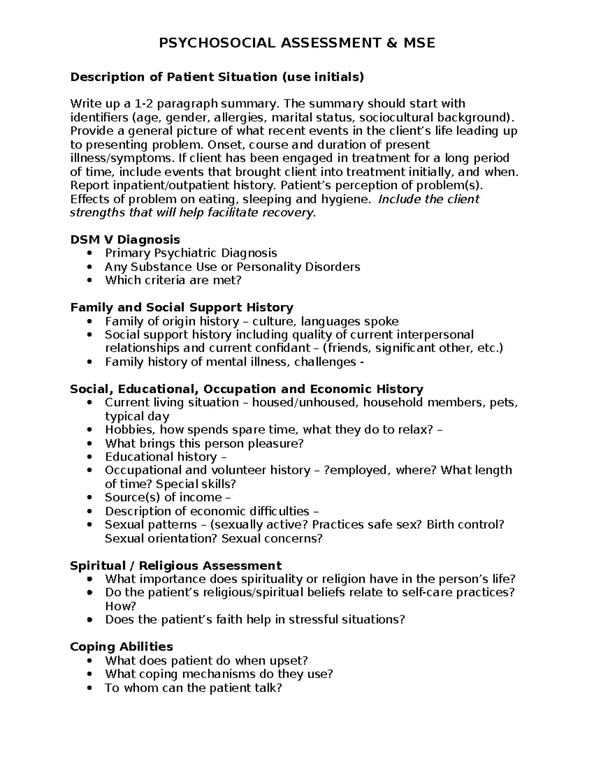 PSY 101: Psychosocial Assessment MSE with Concept Map Summary - Studocu