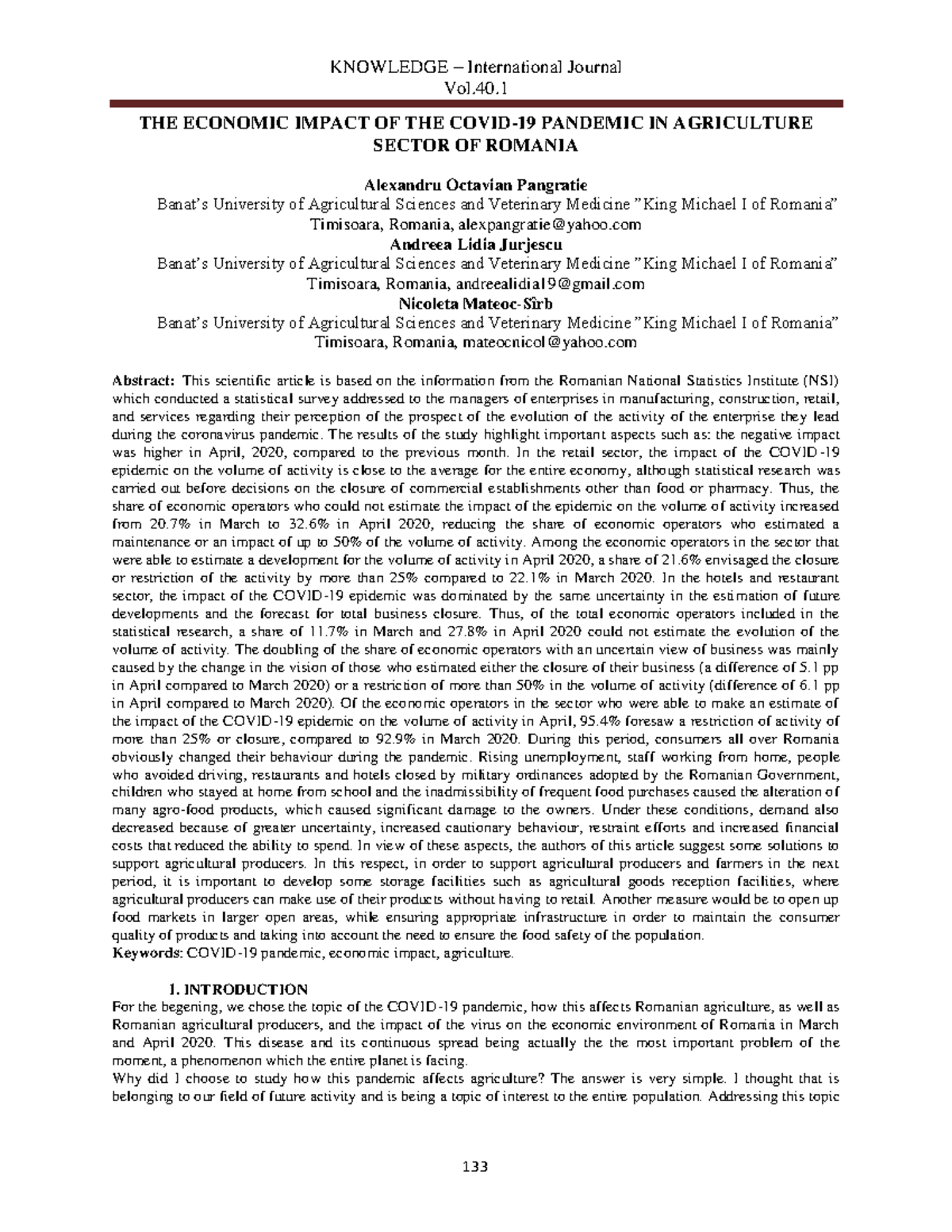 Impact of COVID-19 on Agriculture in Romania: Statistical Analysis (Vol ...