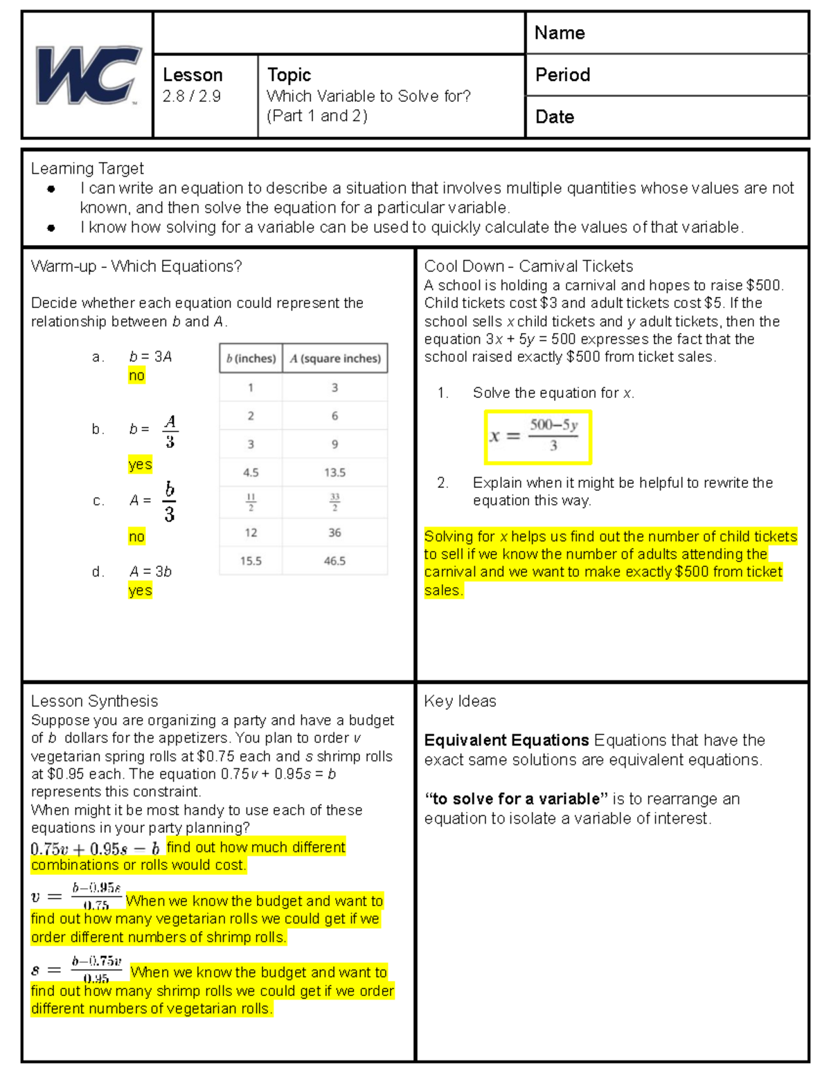 Lesson 2.8-2.9: Solving for Variables in Equations - Studocu