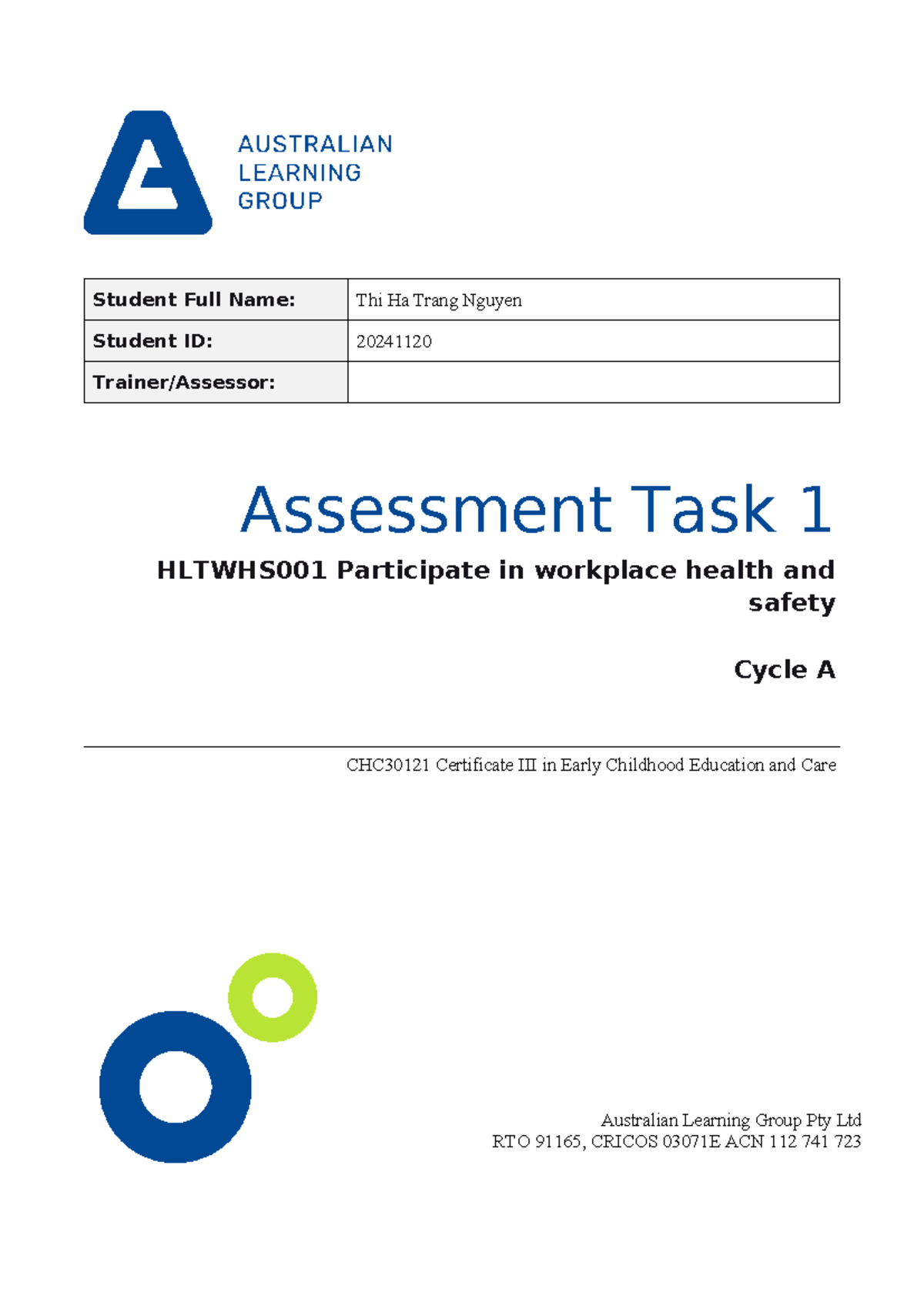 Assessment Task 1: HLTWHS001 - Workplace Health & Safety Cycle A - Studocu