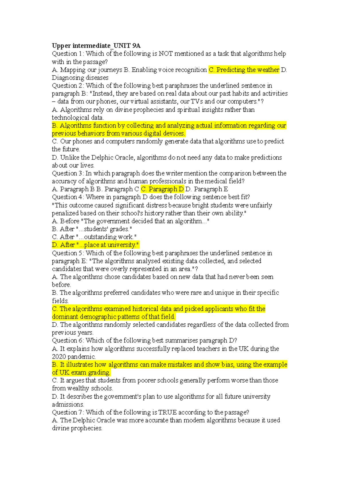 Upper Intermediate U9A Reading Exercise: Algorithm Tasks & Analysis ...