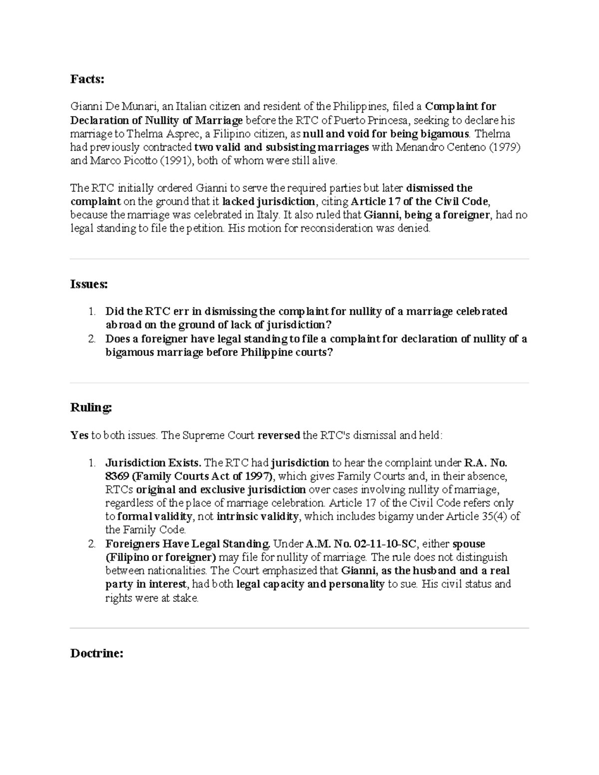 11. Munari v. Asprec: Case Summary on Nullity of Marriage - Studocu