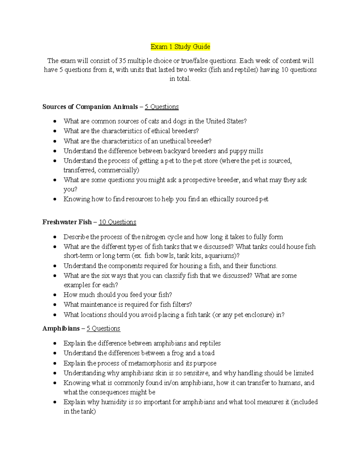 Exam 1 Study Guide for Companion Animal Care (CMM 101) - Studocu