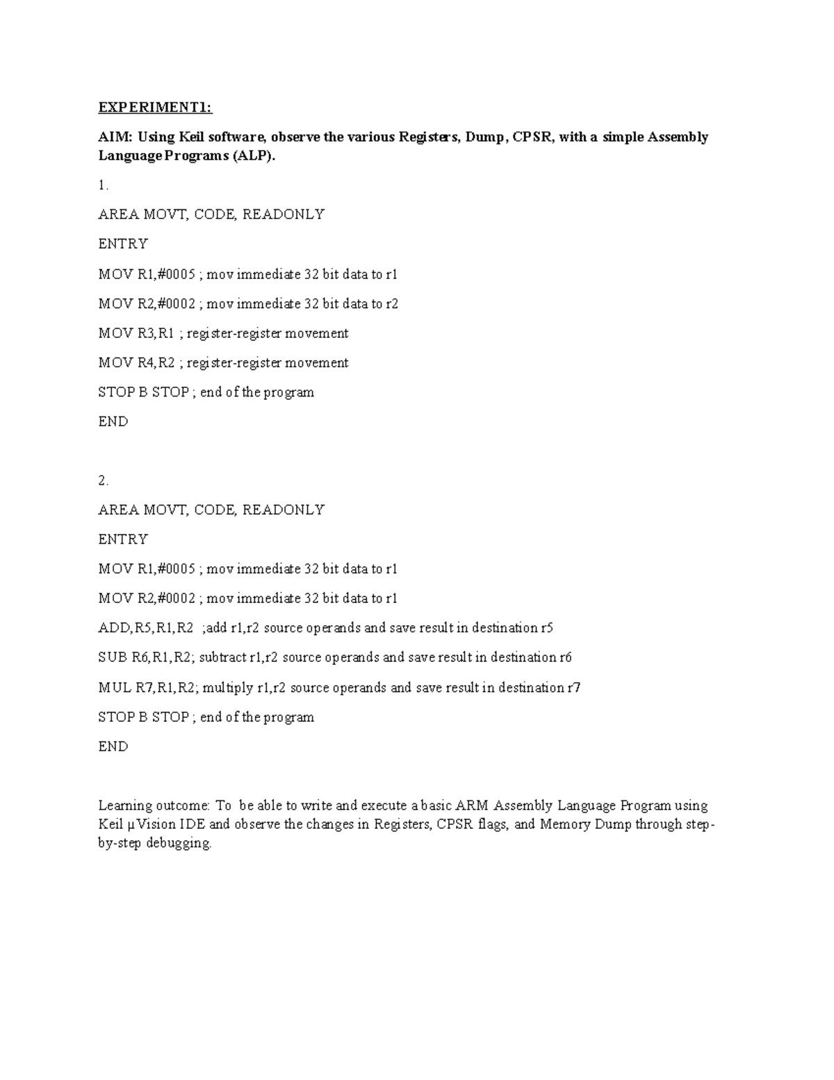 EXP1: ARM Assembly Language Programs Using Keil Software - Studocu
