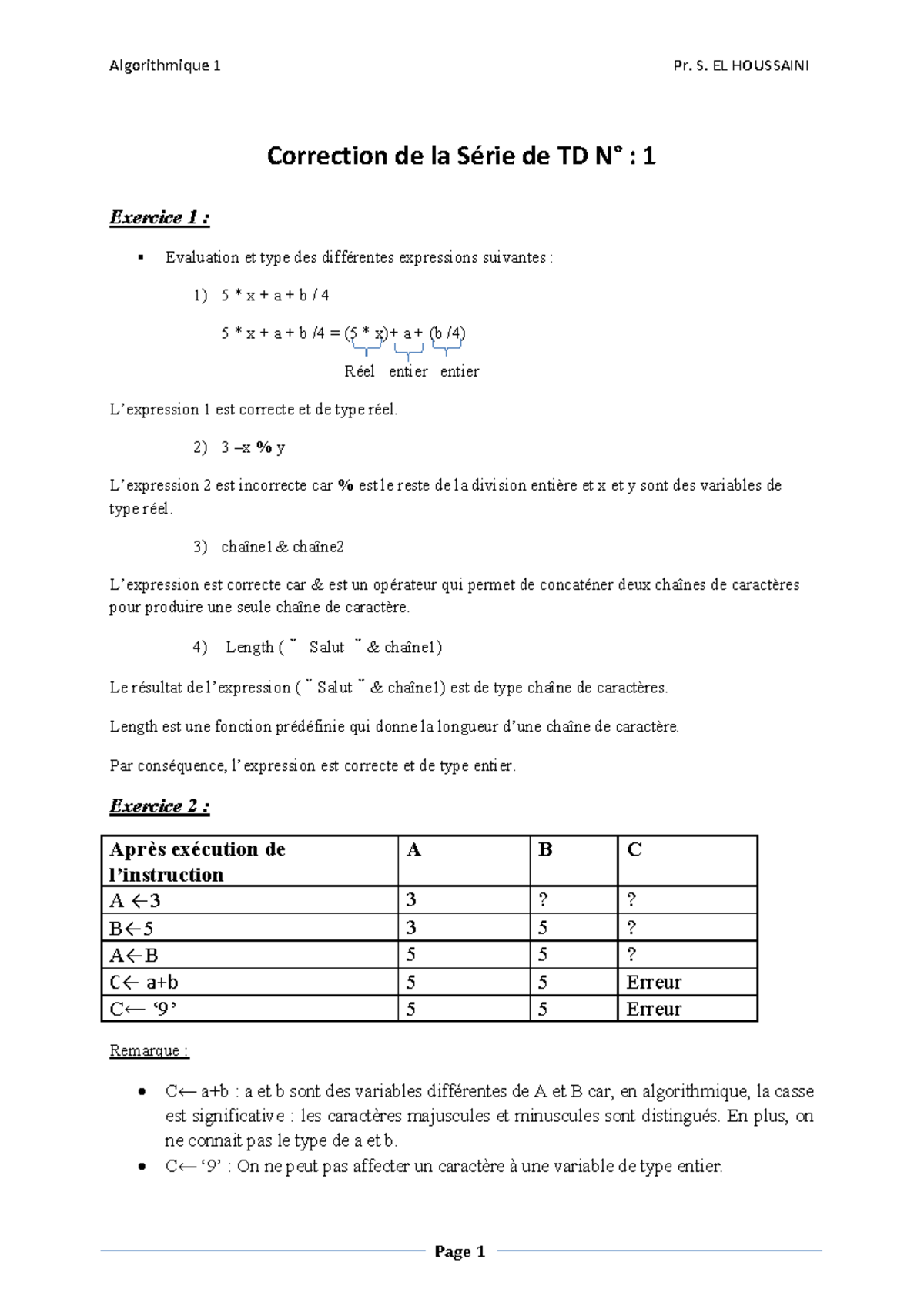 Correction TD 1 Algorithmique 1 Pr. S. EL HOUSSAINI - Studocu