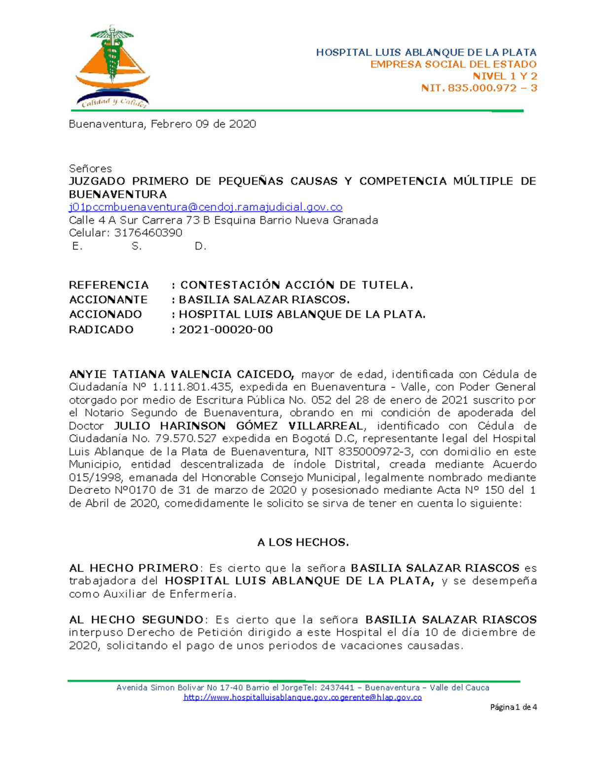 Contestación Acción DE Tutela - Hospital Luis Ablanque de la Plata ...